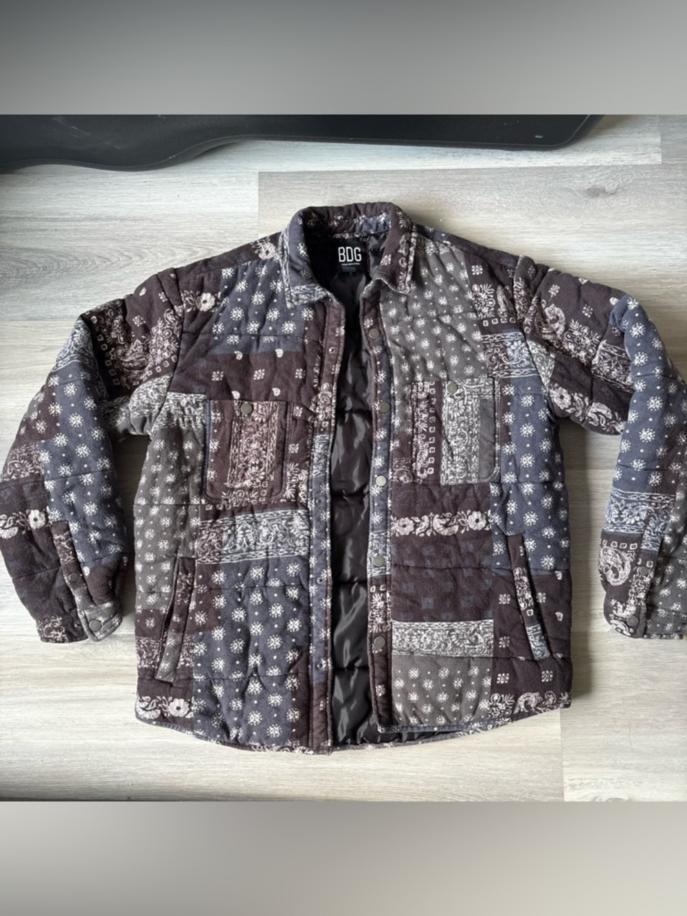 BDG Patchwork Quilted Bandana Jacket in Brown and Gray